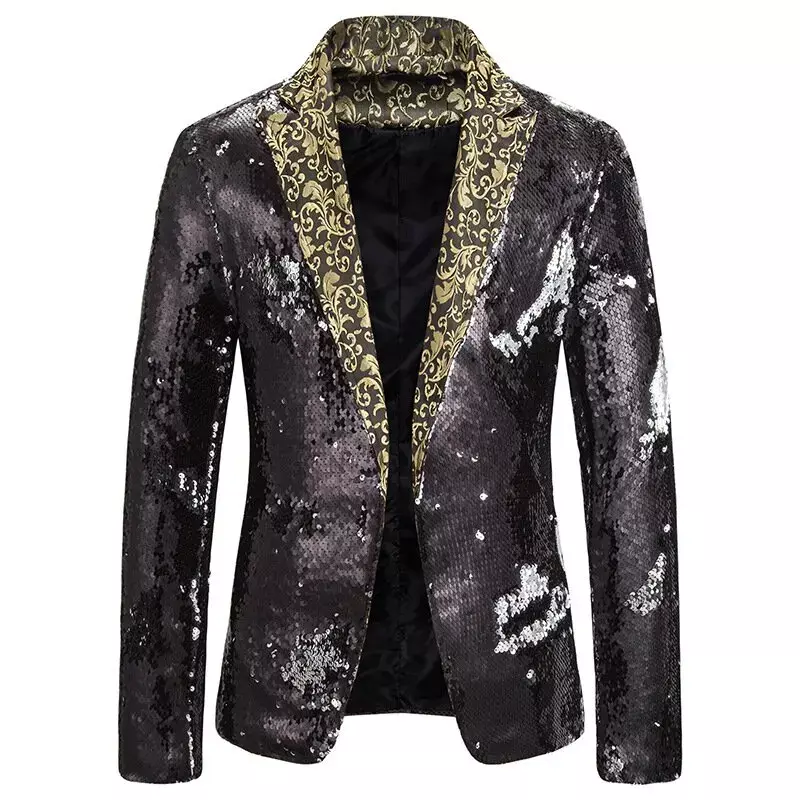 Luxury and Fashionable Men's Sequin Suit Jacket with Lapel Collar Floral Design Groom Singer Host Stage Banquet Evening Dress