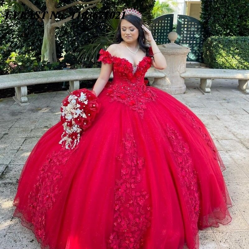 EVLAST-vestido De quinceañera rojo De México, vestido De baile, apliques De encaje, cuentas De cristal con corsé De lazo, dulce 16, 15 años, SQ66