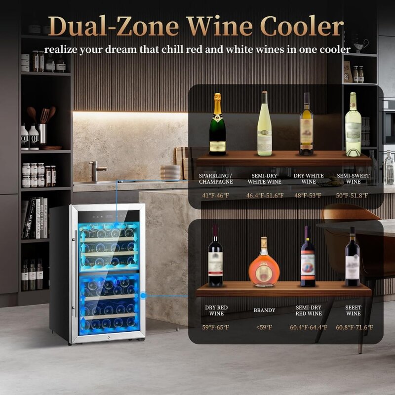 Refrigerador de vino Independiente de doble zona, 52 botellas (750ml de Burdeos), refrigerador de vino, bodega con compresor mejorado