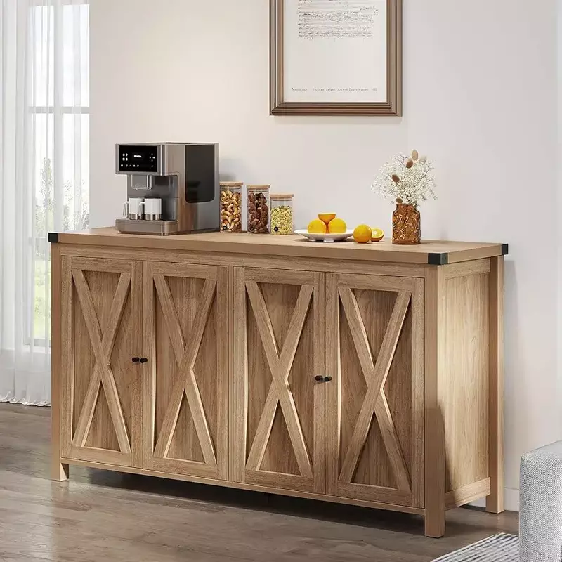 Большой кухонный шкаф 55 дюймов с 4 дверцами, Деревянный кофейный шкаф с регулируемой полкой для столовой, гостиной