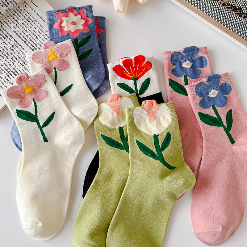 1 Pair Women Socks Japanese Korean Style Cartoon Flower Candy Color Harajuku Kawaii Mid Tube Socks Breathable Casual Short Socks