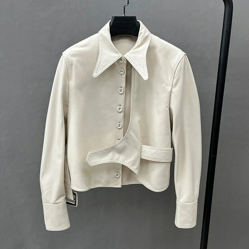 Lady Real Leather Jacket Fashion Streetwear Sheepskin Coat With Belt Spring Autumn Female Clothing FG5447