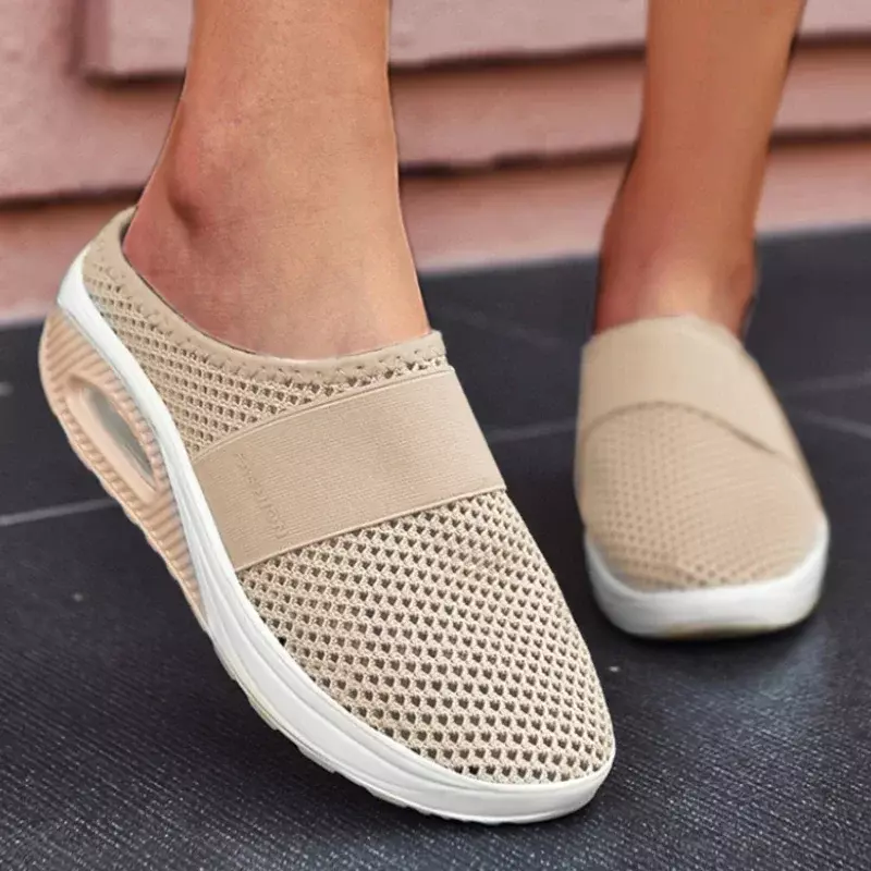 Women's Mesh Flat Shoes Summer New Air Cushion Causal Ladies Half Slippers Slip on Breathable Wedge Shoes for Female Sandals