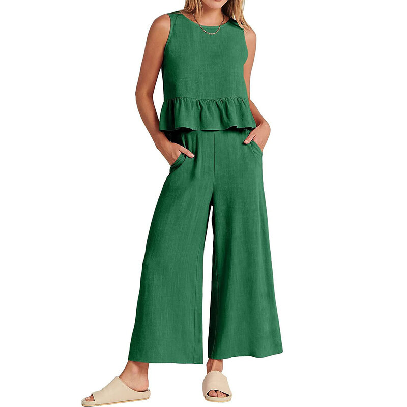 Chaleco plisado sin mangas para mujer, traje informal de pierna ancha y pantalones de nueve puntos, novedad de verano
