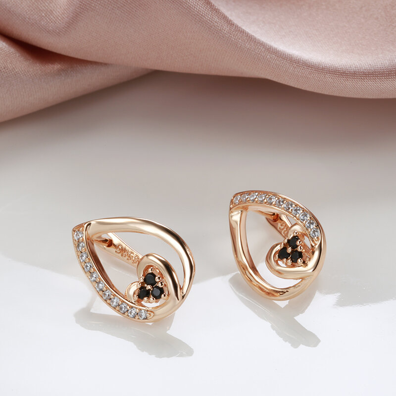 SYOUJYO Loving Heart orecchini pendenti con zirconi cubici neri per le donne regalo quotidiano di gioielli Color oro rosa 585