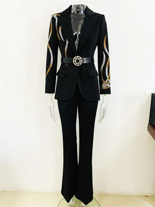 Luksusowy zestaw czarnych garniturów damskich z paskiem 2 sztuki kryształowej kurtki + spodnie damski, wiosenny biurowej odzież robocza sukienka na studniówkę