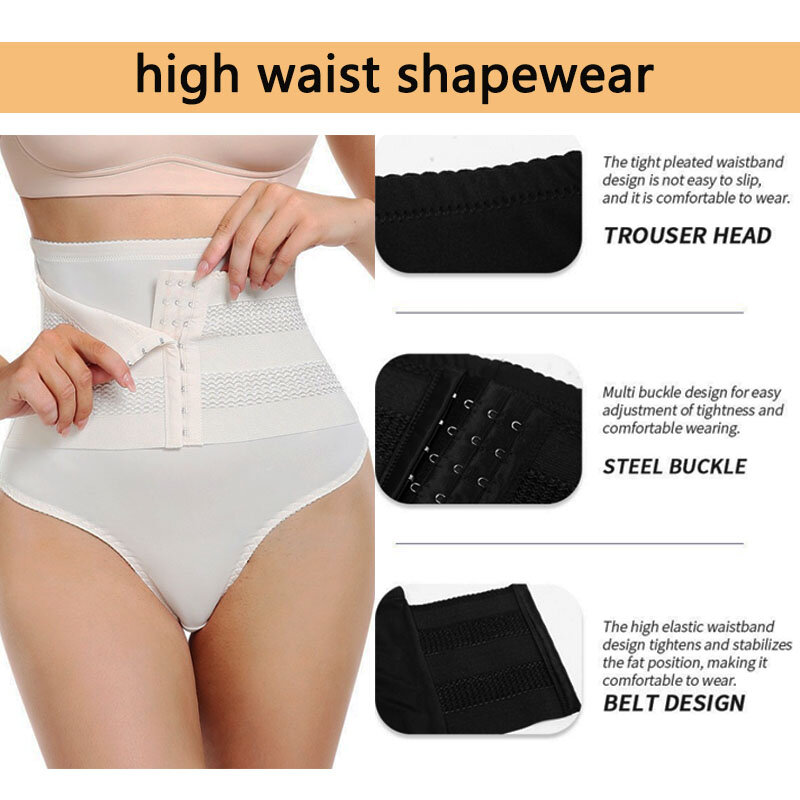 GUUDIA Thong celana dalam kontrol perut pinggang tinggi 3 baris gesper dapat disesuaikan pengangkat bokong ikat pinggang elastis tinggi pelatih pinggang lebih ramping
