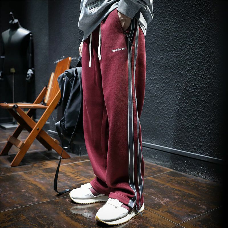 Harajuku pantaloni sportivi a righe dritte da uomo coreano primavera autunno maschio nuove tasche elastiche con cerniera in vita pantaloni Casual sportivi larghi