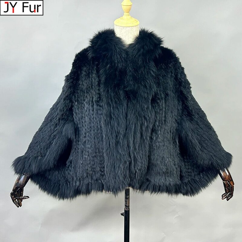 Nuovo cappotto a scialle di pelliccia di coniglio lavorato a maglia naturale genuino con collo di pelliccia di volpe mantello da donna in maglia di moda