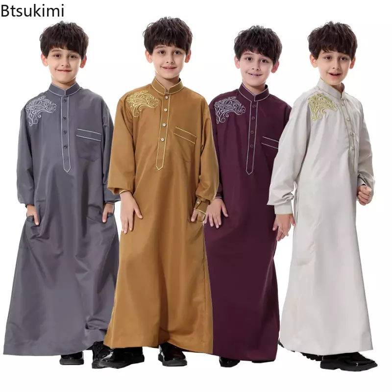 2024 ragazzi musulmani bambini abito saudita Thoub Jubba Thobe Daffah abito arabo abbigliamento islamico Maxi abito Abaya Ramadan Thawb medio oriente