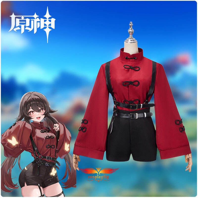 Anime Genshin Impact Hu Tao Cosplay Kostüm für Frauen XS-XL Mädchen rote Mandarine Ärmel Top Shorts Hosenträger Hose Halloween