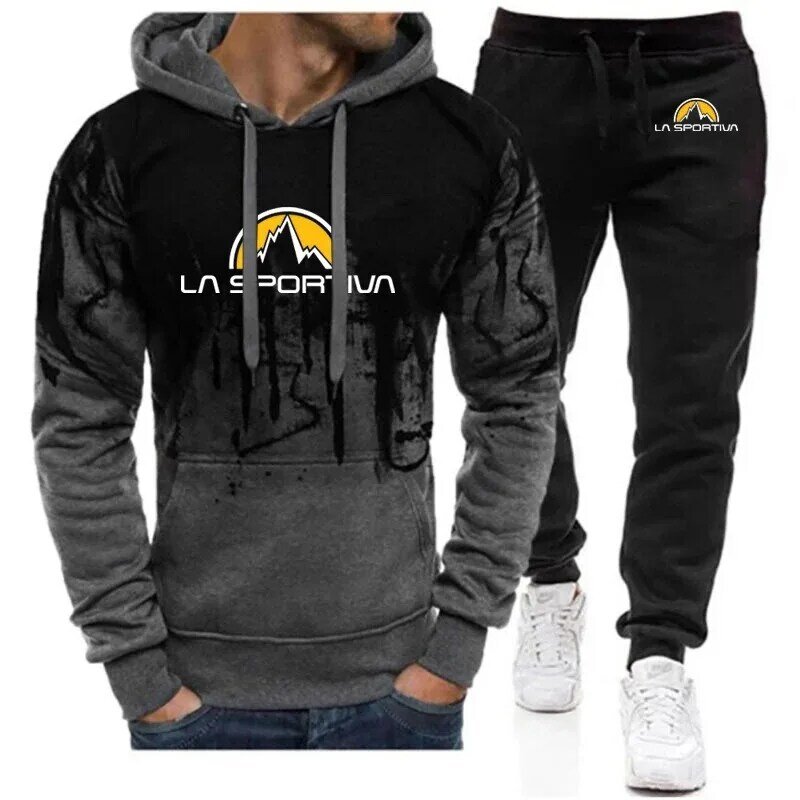2024 Spring Autumn Men's La Sportiva Logo Printed Tracksuits Personality Gradient Color Hooded Hoodies+Drawstring Sweatpants Set