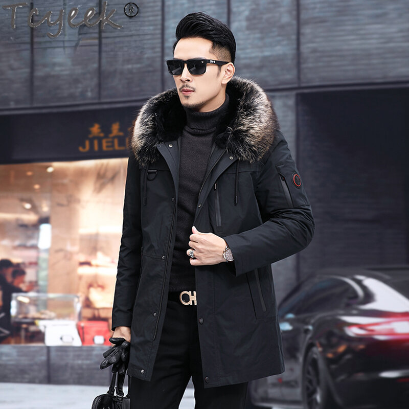 Мужская зимняя куртка Tcyeek, модель 2023 года, модная мужская парка, пальто средней длины из натурального меха, теплая куртка с воротником из меха енота