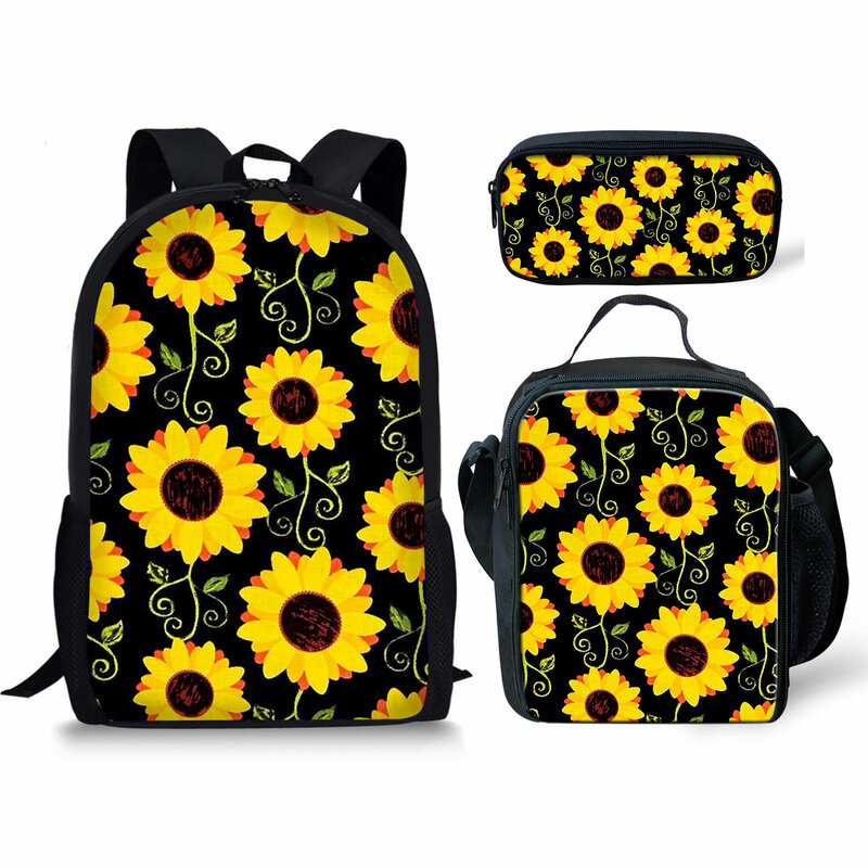 Popular Novelty Trendy Sunflower 3pcs/Set Backpack 3D Print Student Bookbag Travel Laptop Daypack Lunch Bags Pencil Case
