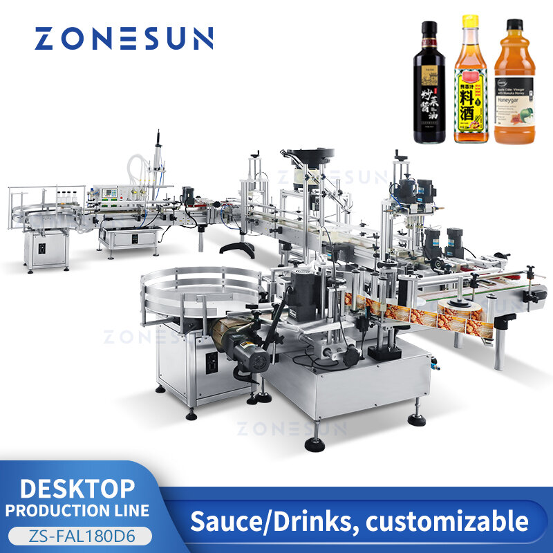 Zonesun desktop linha de produção embalagem bomba magnética enchimento líquido tampando máquina rotulagem alimentador unscrambler ZS-FAL180D6