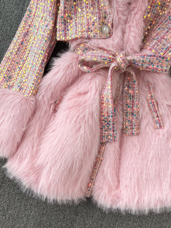 Elegant Sequins Retro Mid-Length Thicken Warm Jacket Faux Fox Stitching Pink Fur Women Autumn Winter Trench Coat Overcoat 2023