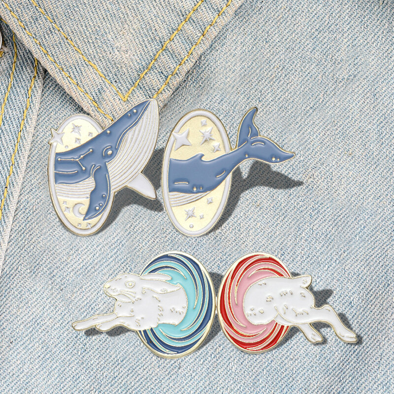 2pcs/set Animal Enamel Pins Custom cat Whale Rabbit Time Travel Brooches Lapel Badges Animal Jewelry Gift for Kids Friends