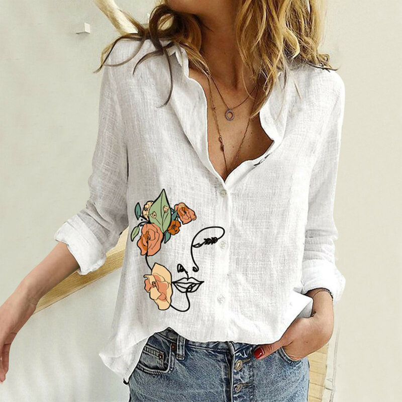 Camisa de lino y algodón para mujer, blusa holgada de manga larga con solapa y botones, estampado de mariposa, estilo informal, elegante, para verano