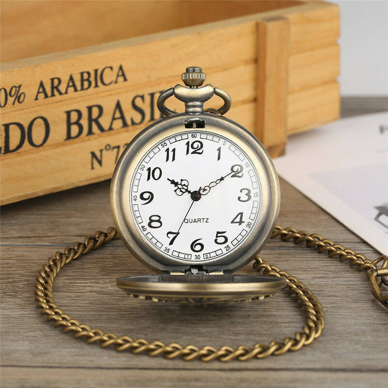Jam Tangan Saku Quartz Liontin Pola Naga Ukiran Perunggu untuk Pria Wanita Kalung Rantai Jam Tangan Tampilan Angka Arab Reloj
