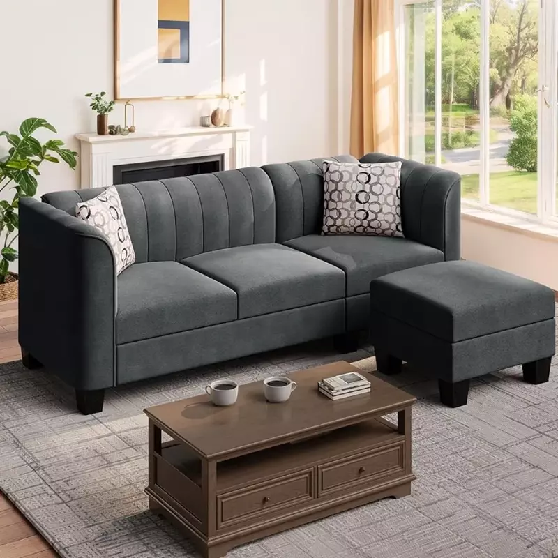 Convertible L Shaped sofá secional, 3 assento, braço alto, tecido de linho, pequeno sofá, meados do século, Loveseat, Salão Sofás