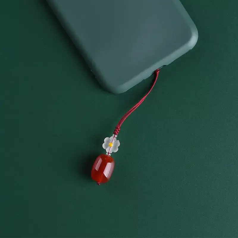 Corrente de telefone móvel flor de ágata vermelha para mulheres, disco U, pingente anti-perda, requintado, curto, antigo, design simples, cordão, namorada