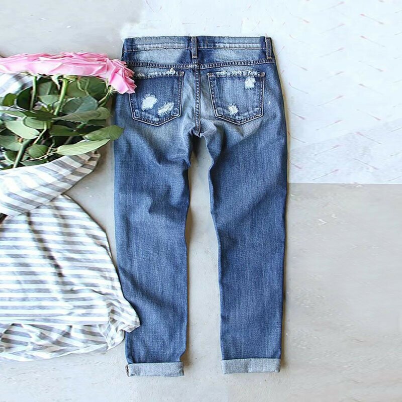 Pantalones vaqueros rasgados para mujer, pantalón de cintura alta con estampado de flores y bolsillos, estilo informal, 2024