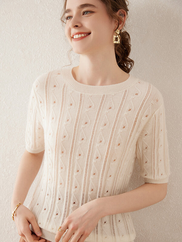Высококачественная Женская футболка весна-лето 100% кашемировая трикотажная одежда пуловер с коротким рукавом с вырезами свитер популярные корейские женские топы