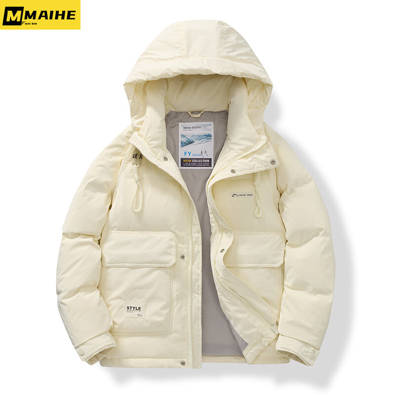 Jaqueta de pato branco masculina e feminina, casaco grosso quente, bolso grande, leve, moda luxuosa, inverno