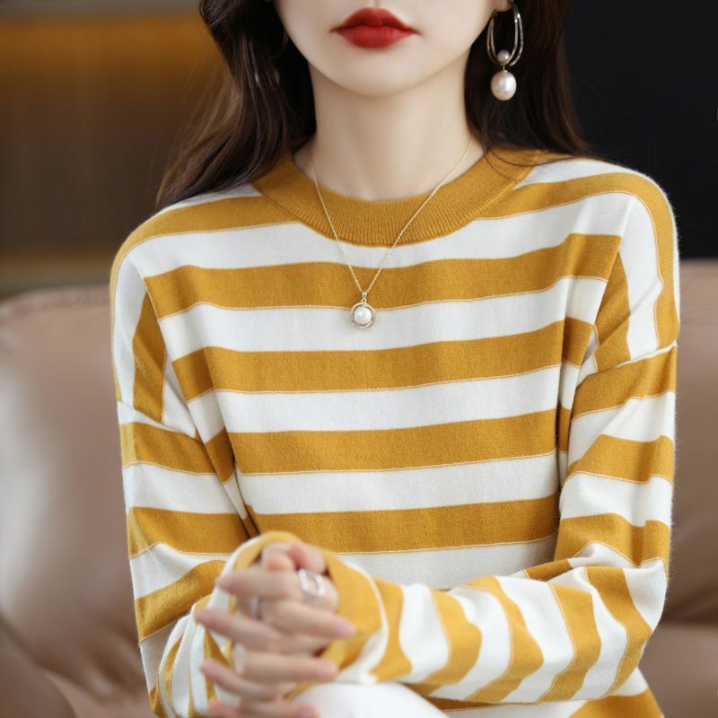 Suéteres coreanos a rayas con cuello redondo para mujer, ropa informal holgada que combina con todo, otoño 2022