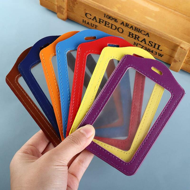 Double-Sided ID Badge Case Transparent Work Identity Business Card Holder Colorful PU Leather Name Card Cover Credit Card