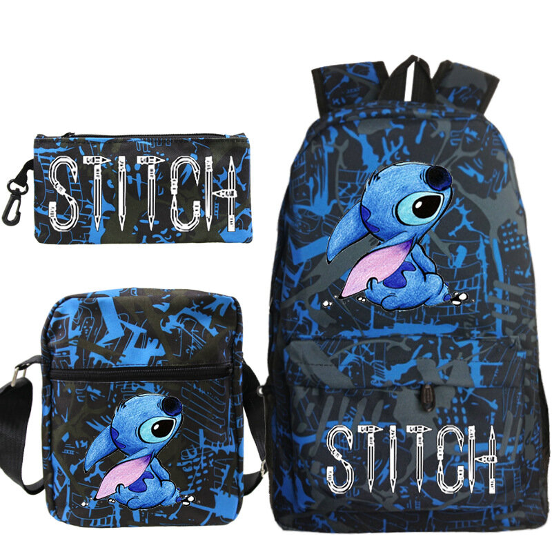 Disney Stitch Mochila para Crianças, Cartoon Stitch Print Kindergarten Pencil Case, Boy Girl Shoulder Bag, Children Schoolbag, Presente, 3pcs por conjunto