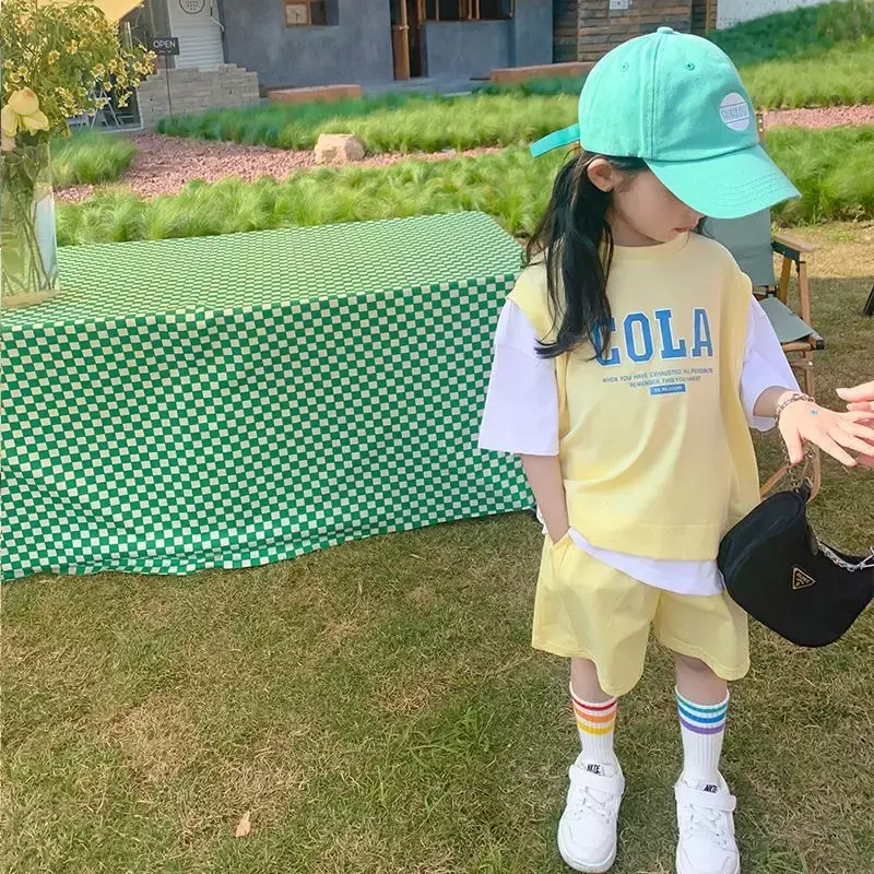 Ragazza 2024 nuova estate Casual t-shirt abiti stile coreano bambino gioventù ragazze adolescenti manica corta contrasto colore 2 pezzi set di vestiti