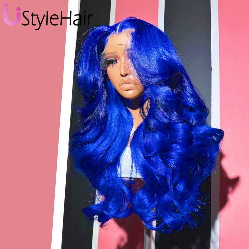 Onda do corpo longo azul escuro peruca dianteira do laço, resistente ao calor, cabelo sintético, parte lateral, sólido, uso diário, cosplay