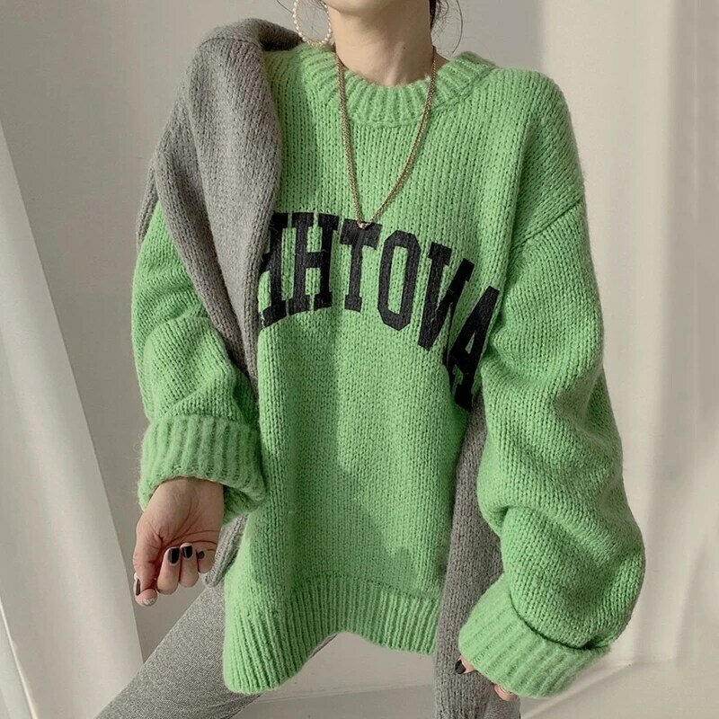 5 Colors Pullovers Women Letter Sweater Chic Baggy Vintage Casual Knitted Mujer Long Sleeve High Street All-match Fashion Winter