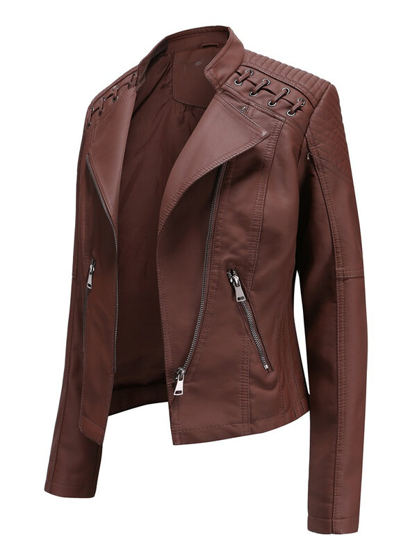 FSMG wiosna i jesień modna kurtka ze sztucznej skóry dla kobiet, Casual Slim Fit krótka odzież wierzchnia na zamek błyskawiczny, lekka kurtka motocyklowa