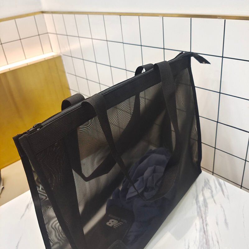 투명 나일론 메쉬 쇼핑백, 통기성 원숄더 핸드백, 해변 여행가, 대용량