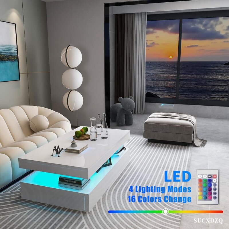 Tavolino da caffè a LED, tavolino da caffè moderno bianco lucido con luce RGB, tavolino rettangolare con telecomando per vivere