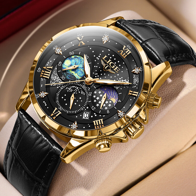Lige Top Luxus Mode Quarz Herren uhren Leder klassische Chronograph Datum Armbanduhr für Männer wasserdichte große männliche Uhr