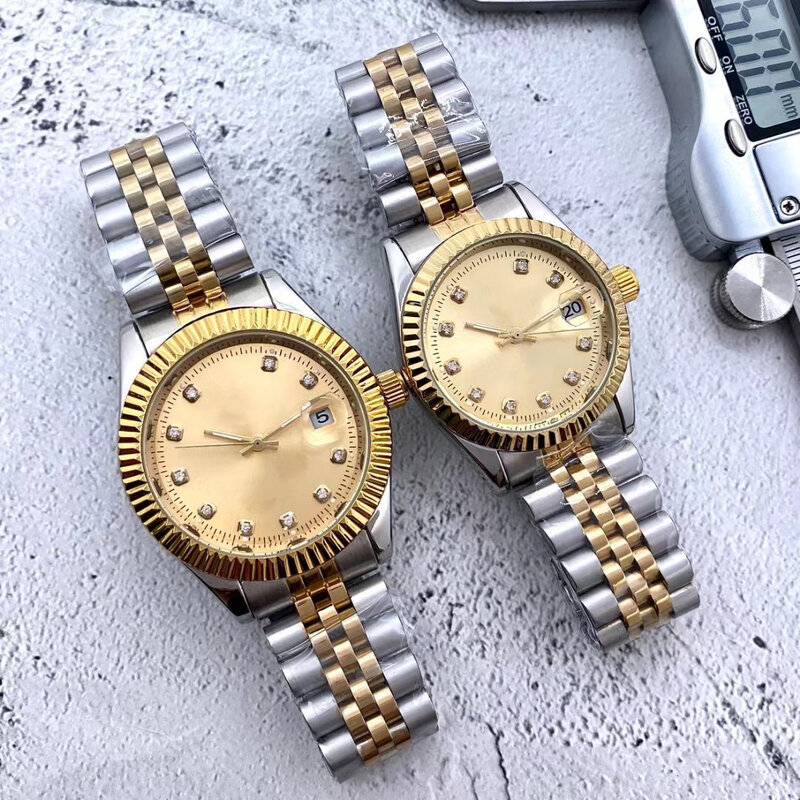 Mulheres e homens impermeável aço inoxidável relógio com ouro embutidos diamante caso, alta qualidade luxo marca relógios, Lady Girl Date, apenas