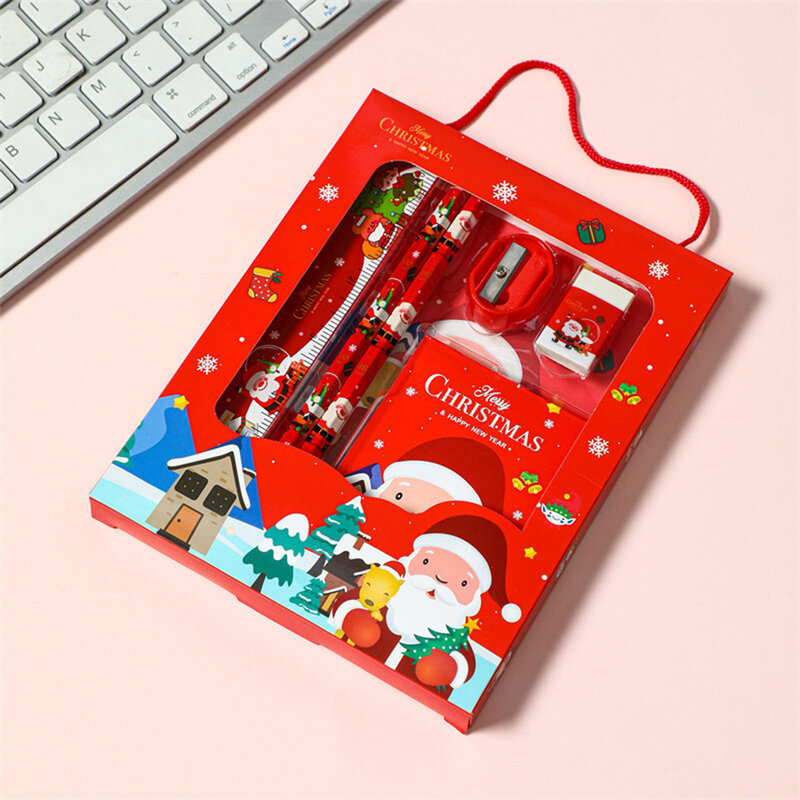 6pcs Christmas School Stationery Gifts Set Christmas Pencils Eraser Ruler Notebook Set for Pre-School Kindergarten Supplies