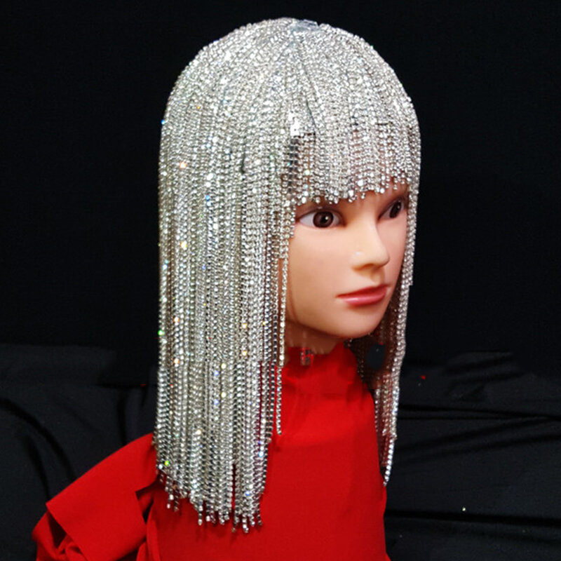 Feminino ouro prata strass corrente peruca cabeça ornamento festival outfit nightclub cantor rave wear acessórios sexy traje palco