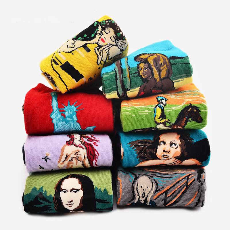 Chaussettes rétro de nuit étoilée pour femmes, art de la personnalité Van Gogh, peinture murale de renommée mondiale, chaussettes masculines, huile, drôle, heureux, chaud, automne, hiver