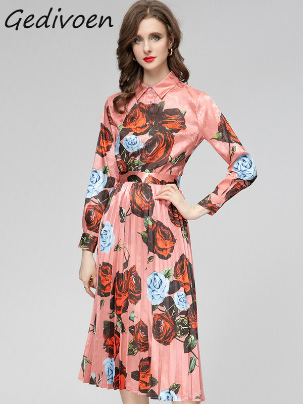 Gedevoen Lente Mode Designer Vintage Bloemenprint Rok Set Dames Revers Knoop Slank Shirt + Lange Geplooide Rok 2 Stuks Set