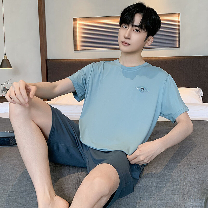 2024 Modal pajamas men's summer suit short sleeved shorts summer ice feeling youth men's home clothing can be worn externally