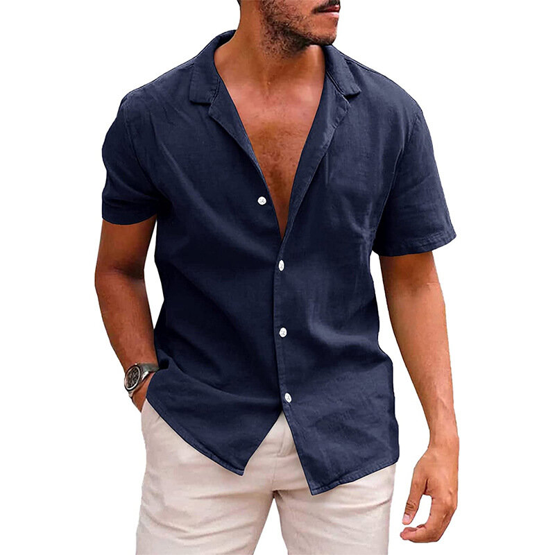 半袖シャツ,夏用ラペル,コットンリネン,ボタン