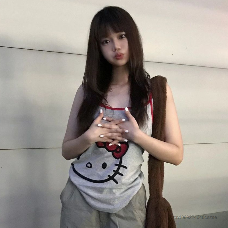 Sanrio Hello Kitty lucu Tank top Wanita Mode musim panas tanpa lengan t-shirt Streetwear seksi Suspender kartun Y2k Pedas gadis rompi