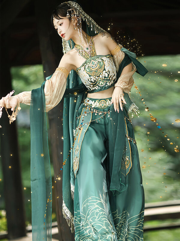 Guo Huang kostum dansa Hanfu gaya eksotis perempuan putri terbang dengan bordir hijau 6 potong set kostum Cina kuno