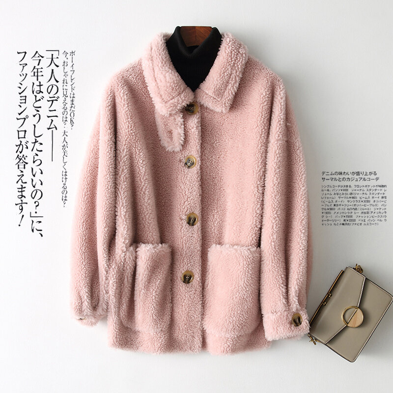 AYUNSUE Korean Wool Fur Coat Real Fur Jacket Women Clothes Casual Overcoat Spring Autumn Long Sleeves Warm Loosen Tops Zm1067