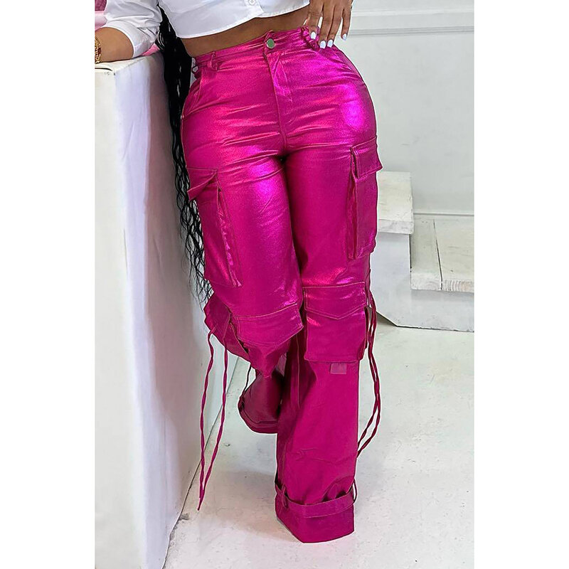 Pantalon cargo à jambe droite métallique argenté avec poche, grande taille, 03, pantalon