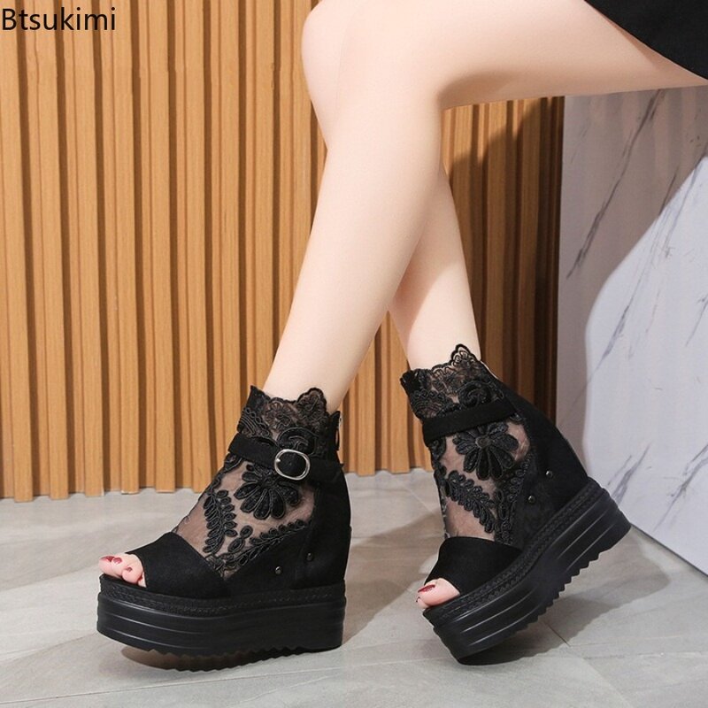 Summer Chunky Soled Wedge Shoes Women Hollow Embroider Sandals Ladies Heel Height Increasing Peep Toe Casual Mesh Platform Boots